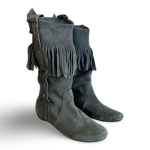 Genuine Suede Leather Fringe Boots by GC in Medium Gray Soft & Slouchy Size 36